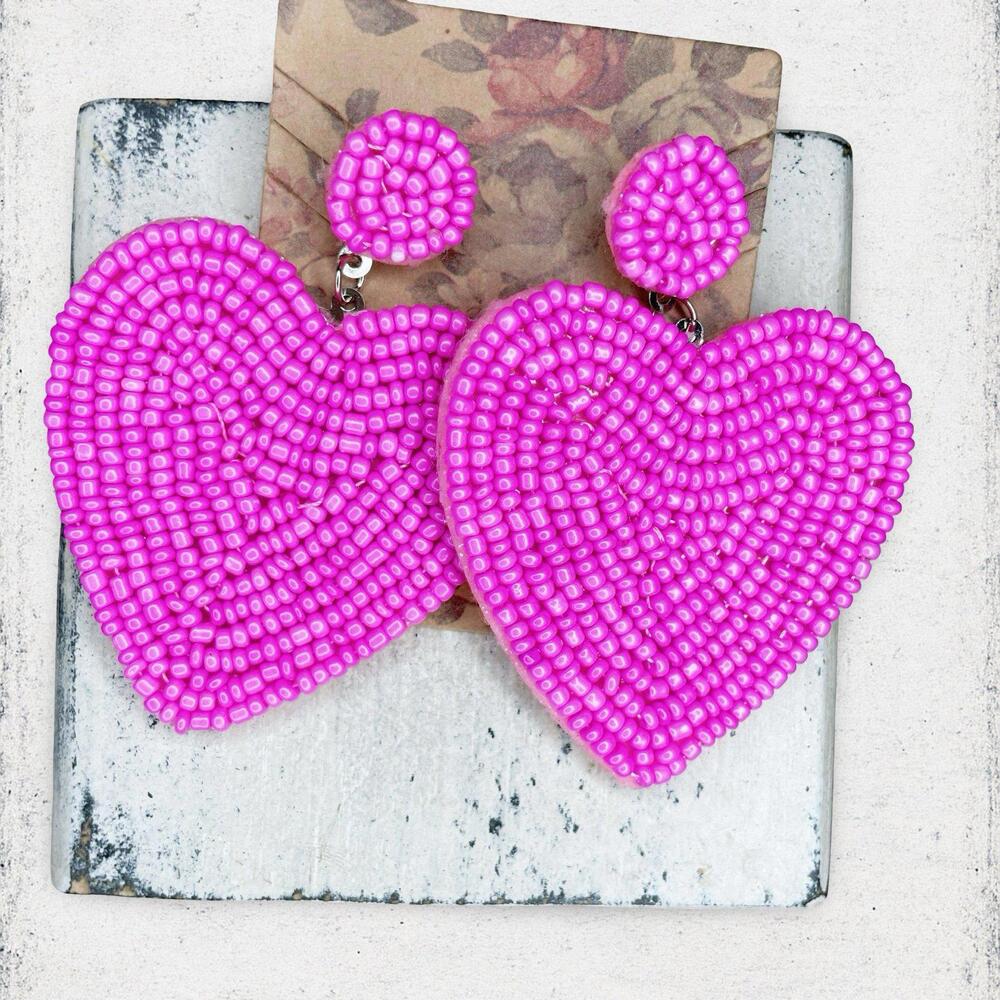 118. Pink Seed Bead Handmade Heart Earrings